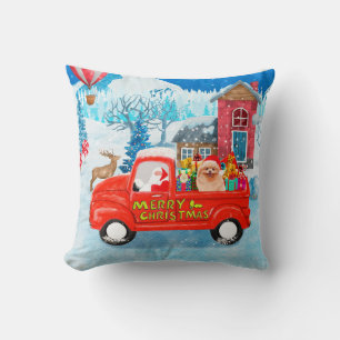 Pomeranian Dog Christmas Delivery Truck Snow  Throw Pillow