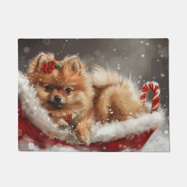 Pomeranian Dog Christmas Festive Doormat (Front)