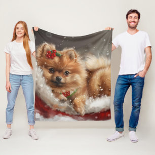 Pomeranian Dog Christmas Festive Fleece Blanket