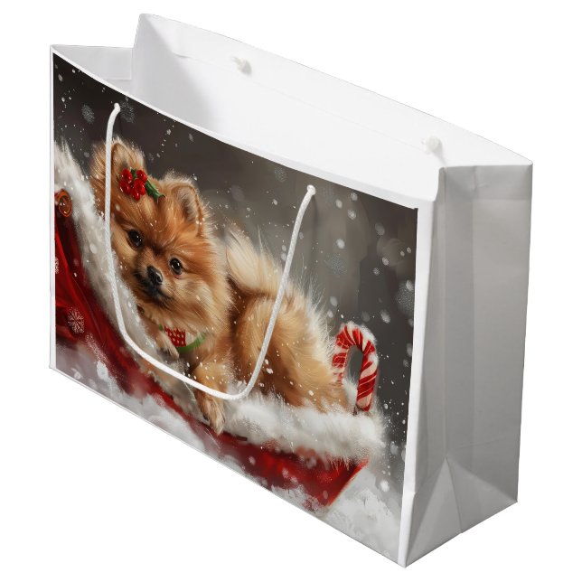Pomeranian Dog Christmas Festive Large Gift Bag (Front Angled)