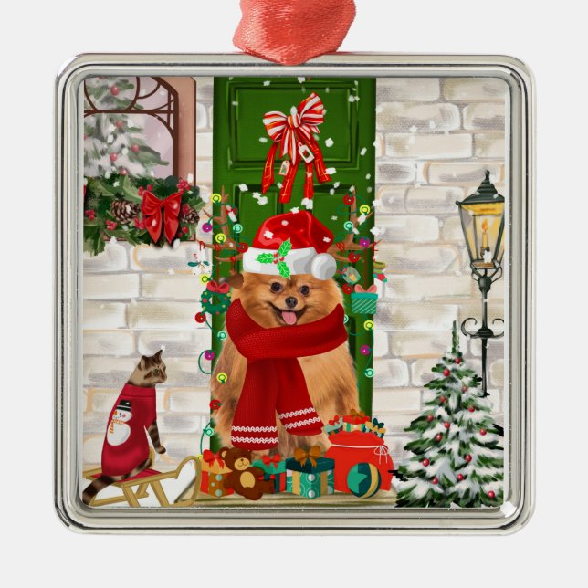 Pomeranian Dog Christmas Metal Ornament (Front)