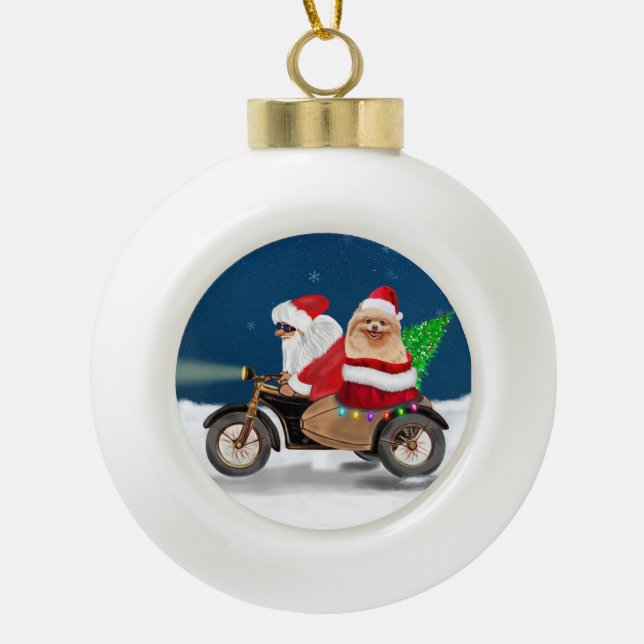 Pomeranian Dog Christmas Santa Claus    Ceramic Ball Christmas Ornament (Front)