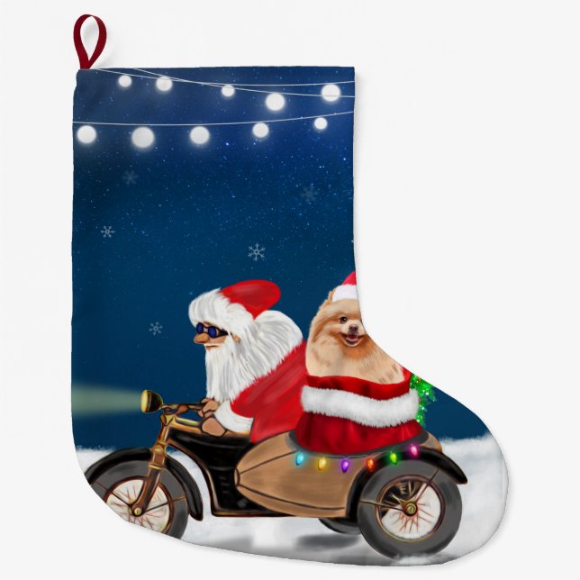 Pomeranian Dog Christmas Santa Claus    Large Christmas Stocking (Front)