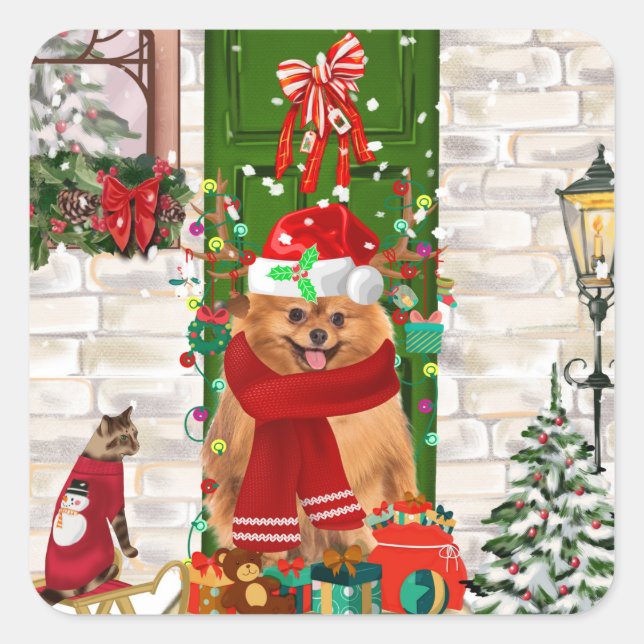 Pomeranian Dog Christmas  Square Sticker (Front)