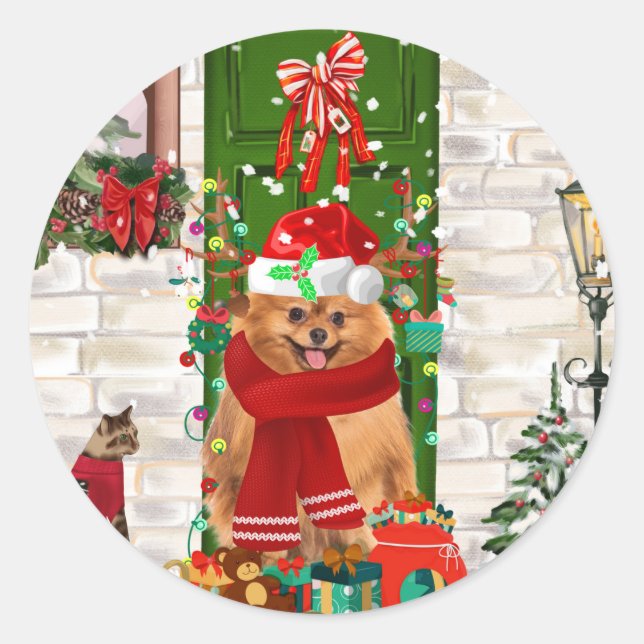 Pomeranian Dog Christmas  Throw Pillow Classic Round Sticker (Front)