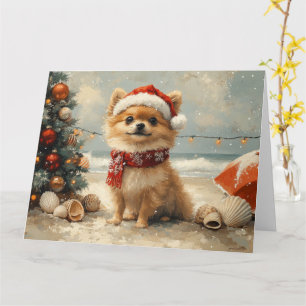 Pomeranian Dog Christmas Vintage Beach Card