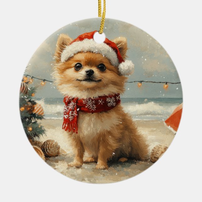 Pomeranian Dog Christmas Vintage Beach  Ceramic Ornament (Front)