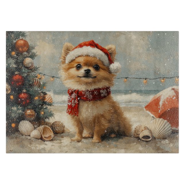Pomeranian Dog Christmas Vintage Beach  Cutting Board (Front)