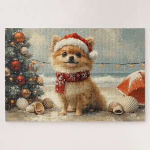 Pomeranian Dog Christmas Vintage Beach  Jigsaw Puzzle