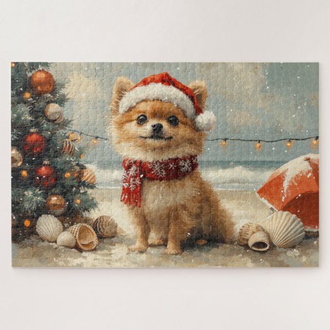 Pomeranian Dog Christmas Vintage Beach  Jigsaw Puzzle (Horizontal)