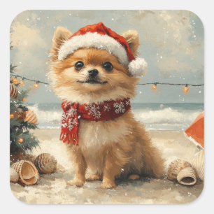 Pomeranian Dog Christmas Vintage Beach Square Sticker