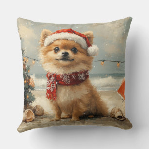 Pomeranian Dog Christmas Vintage Beach  Throw Pillow