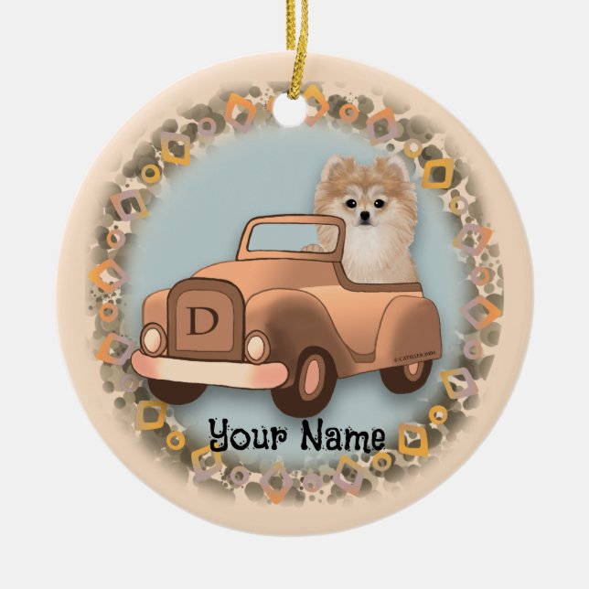 Pomeranian Dog Driving Car Ceramic Ornament (Front)