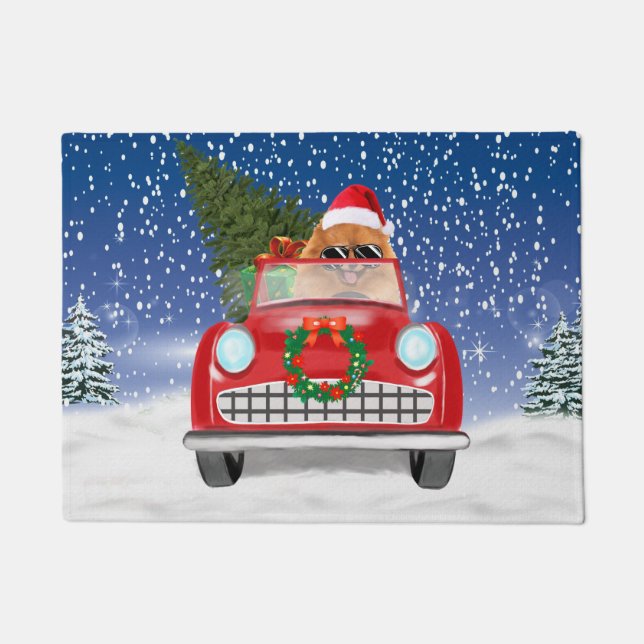 Pomeranian Dog Driving Car In Snow Christmas  Doormat (Front)