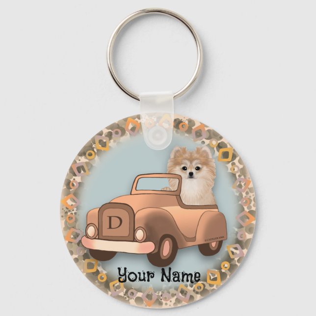 Pomeranian Dog Driving Car Keychain (Front)