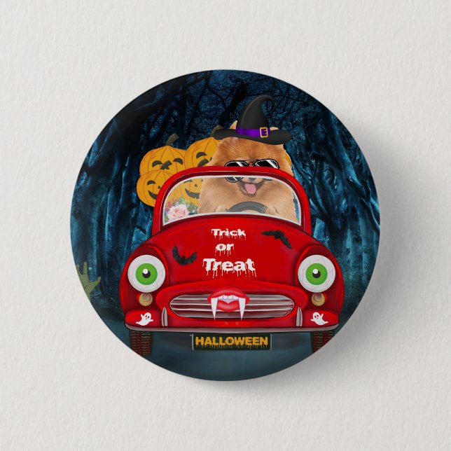 Pomeranian Dog Driving Car Scary Halloween 2 Inch Round Button (Front)