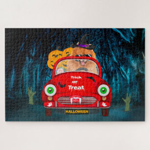 Pomeranian Dog Driving Car Scary Halloween Jigsaw Puzzle