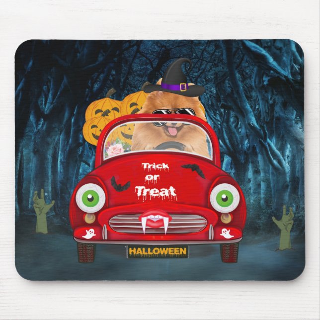 Pomeranian Dog Driving Car Scary Halloween Mouse Pad (Front)