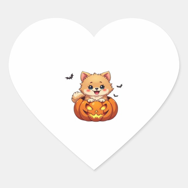 Pomeranian dog Happy Halloween pumpkin Classic T-S Heart Sticker (Front)