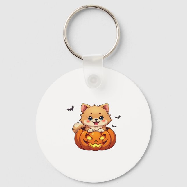 Pomeranian dog Happy Halloween pumpkin Classic T-S Keychain (Front)