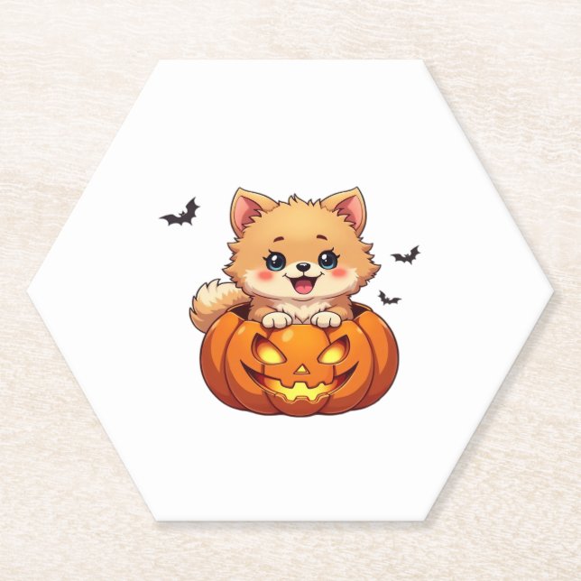 Pomeranian dog Happy Halloween pumpkin Classic T-S Paper Coaster (Front)