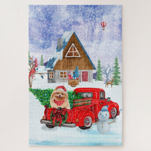 Pomeranian Dog In Christmas Delivery Truck Snow Jigsaw Puzzle