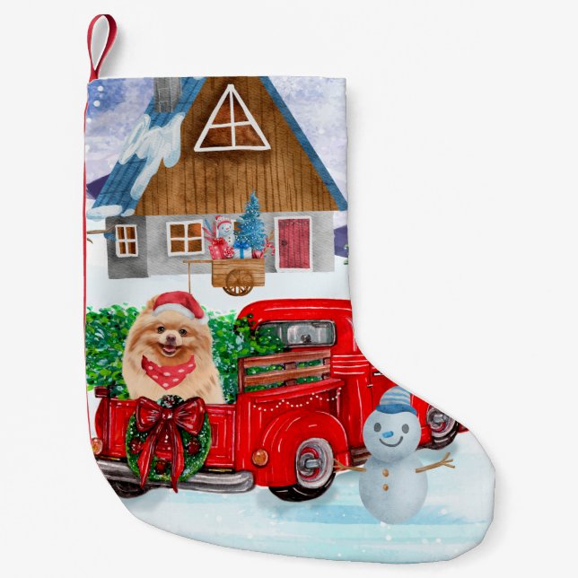 Pomeranian Dog In Christmas Delivery Truck Snow Small Christmas Stocking (Front)