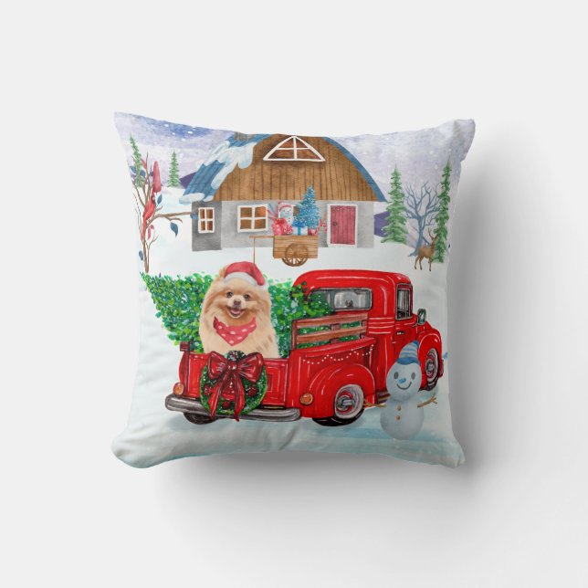 Pomeranian Dog In Christmas Delivery Truck Snow Throw Pillow (Front)