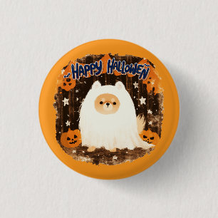 Pomeranian Dog in Ghost Costume – Happy Halloween 1 Inch Round Button