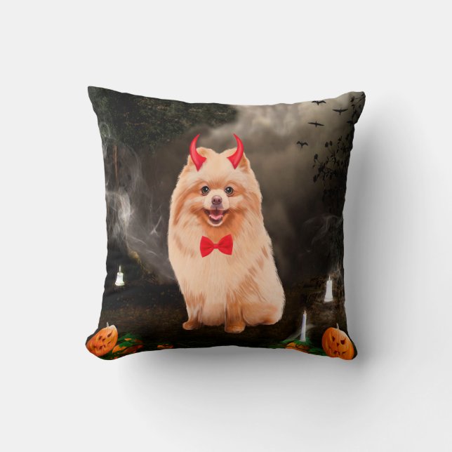 Pomeranian Dog in Halloween Costume Throw Pillow (Front)