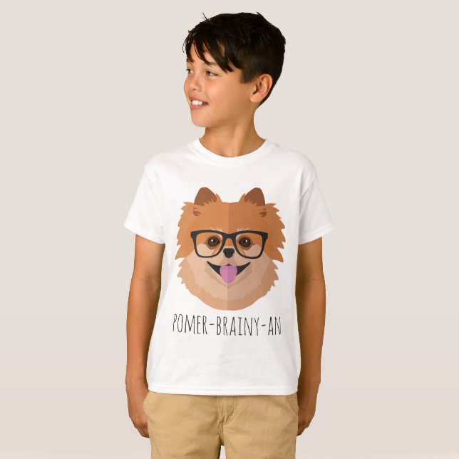 Pomeranian Dog In Nerd Glasses | POMER-BRAINY-AN T-Shirt (Front Full)
