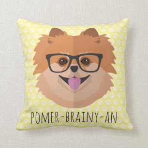 Pomeranian Dog In Nerd Glasses POMER-BRAINY-AN Throw Pillow