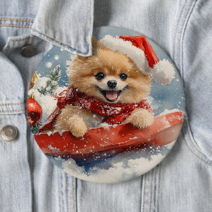 Pomeranian Dog in Sledge Let it Snow Christmas 6 Inch Round Button