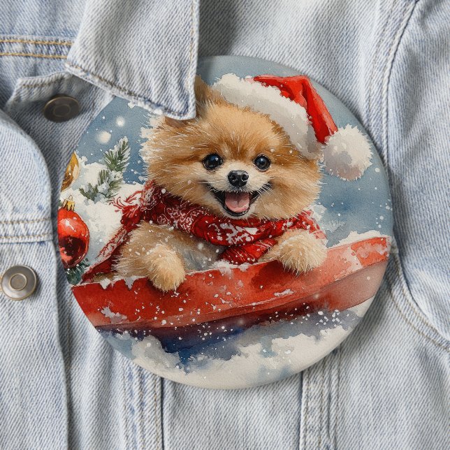 Pomeranian Dog in Sledge Let it Snow Christmas 6 Inch Round Button (In Situ)