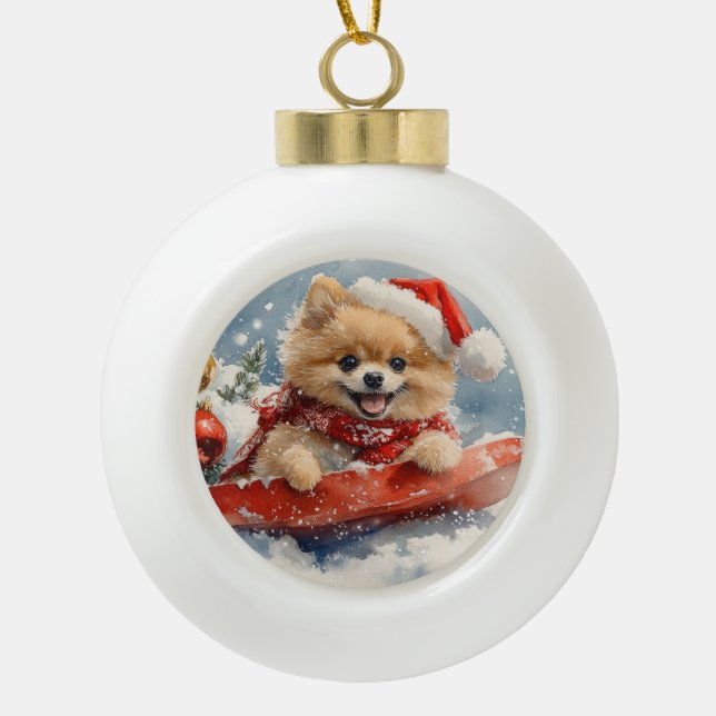 Pomeranian Dog in Sledge Let it Snow Christmas Ceramic Ball Christmas Ornament (Front)