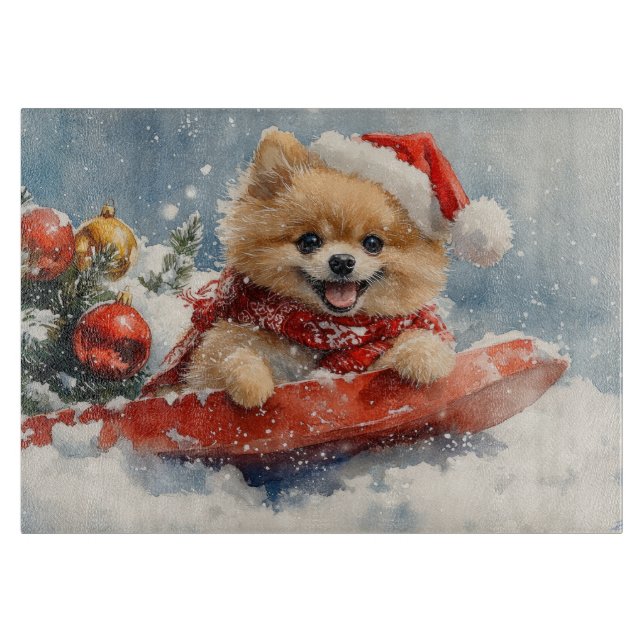 Pomeranian Dog in Sledge Let it Snow Christmas Cutting Board (Front)