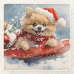 Pomeranian Dog in Sledge Let it Snow Christmas Glass Coaster
