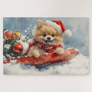 Pomeranian Dog in Sledge Let it Snow Christmas Jigsaw Puzzle