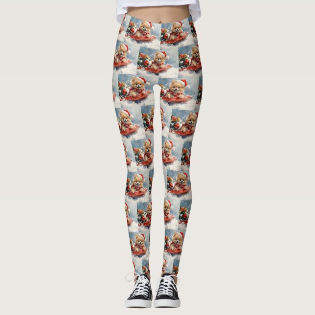 Pomeranian Dog in Sledge Let it Snow Christmas Leggings (Front)