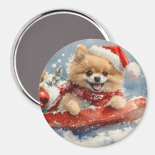 Pomeranian Dog in Sledge Let it Snow Christmas Magnet