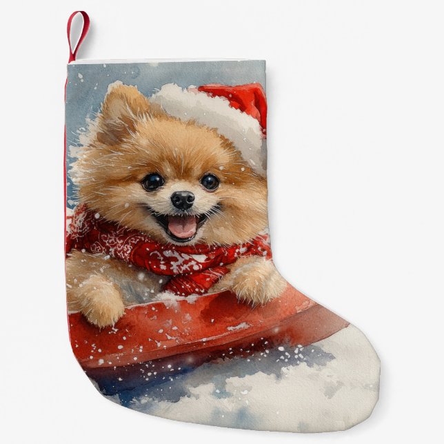 Pomeranian Dog in Sledge Let it Snow Christmas Small Christmas Stocking (Front)