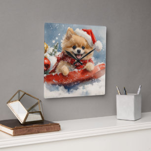 Pomeranian Dog in Sledge Let it Snow Christmas Square Wall Clock