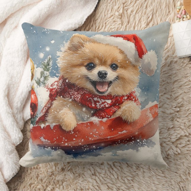 Pomeranian Dog in Sledge Let it Snow Christmas Throw Pillow (Blanket)