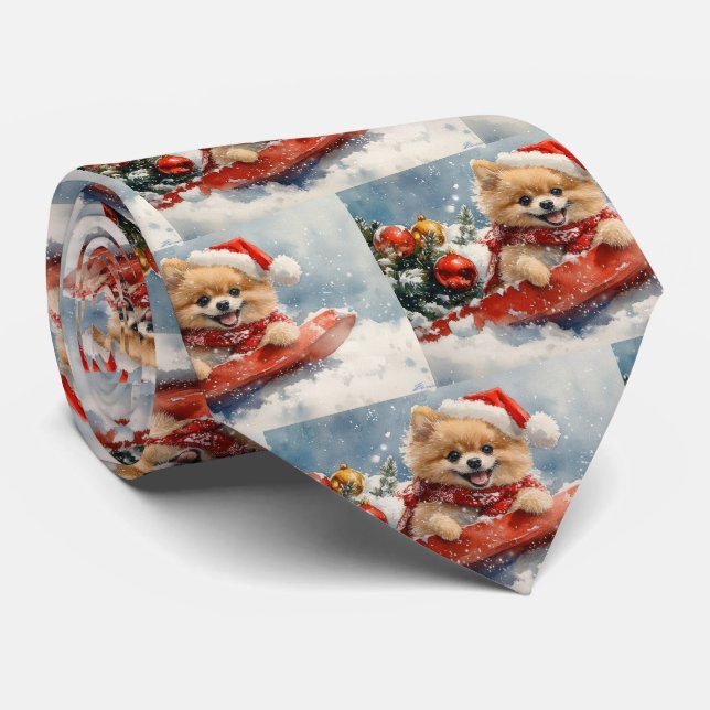 Pomeranian Dog in Sledge Let it Snow Christmas Tie (Rolled)