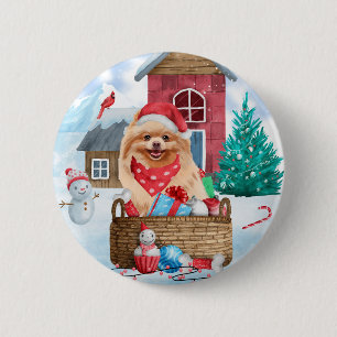 Pomeranian Dog In snow Christmas Dog House 2 Inch Round Button
