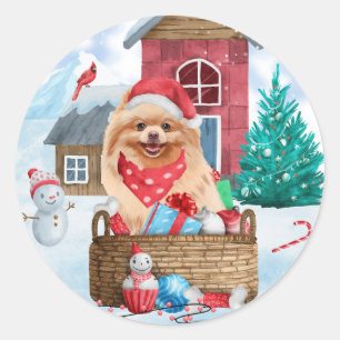 Pomeranian Dog In snow Christmas Dog House  Classic Round Sticker