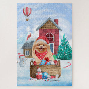 Pomeranian Dog In snow Christmas Dog House Jigsaw Puzzle