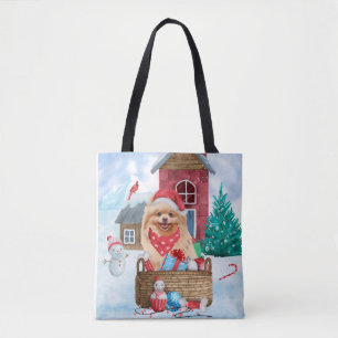 Pomeranian Dog In snow Christmas Dog House Throw P Tote Bag
