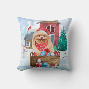 Pomeranian Dog In snow Christmas Dog House Throw Pillow
