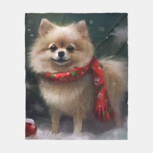 Pomeranian Dog in Snow Christmas Fleece Blanket